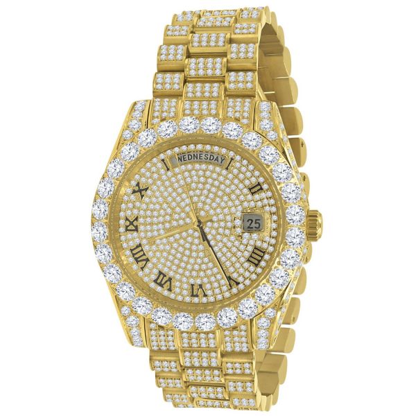 Fully Iced Out Zirkonia Edelstahl Quarz Uhr - gold