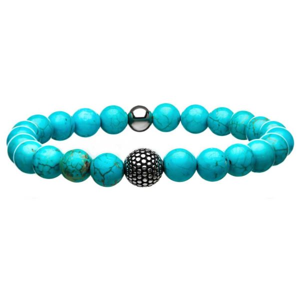 Herren Stretch-Fit Edelstahl Armband mit Türkis Steinkugeln