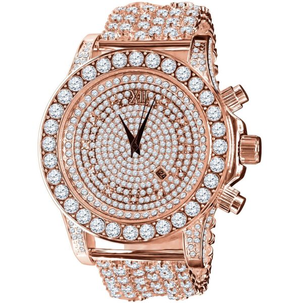 BURNISH Haute Qualité Complet ICED OUT CZ Montre - rose gold