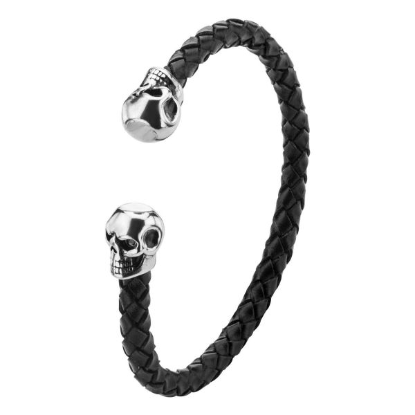 Men's Black Braided Leather Skull Cuff Bracelet