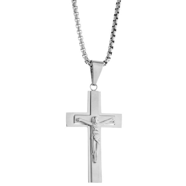 Iced Out Edelstahl Anhänger Kette - Jesus Kreuz silber