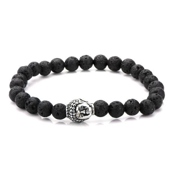 Herren Edelstahl Armband mit Buddha Kopf und Lava Steinen