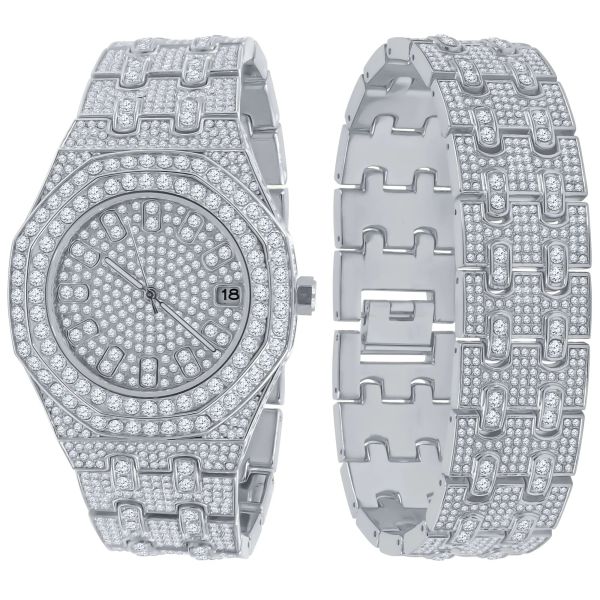 Full Iced Out Bling Uhr Armband Set - silber