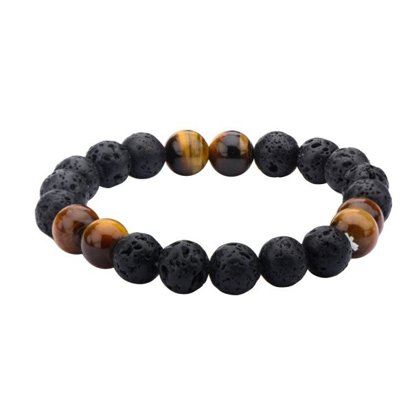 Men's Black Lava and Brown Tiger Eye Beads Bracelet