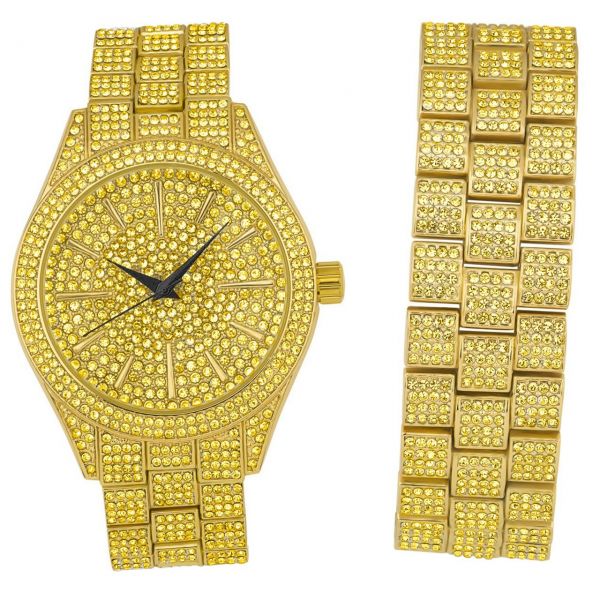 Full Iced Out Bling Uhr Armband Set - gold / gold