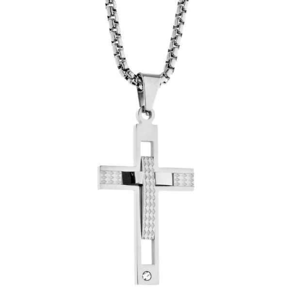 Collier pendentif en acier inoxydable - CZ Croix argent