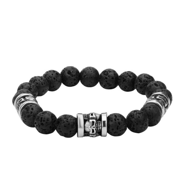 Herren Edelstahl Armband mit Totenkopf und Lava Steinen